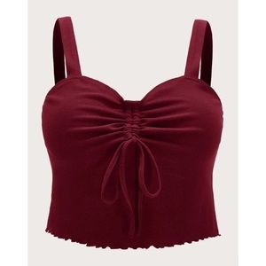 Burgundy Plus Drawstring Knot Lettuce Trim Top
